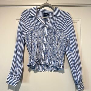 GAP Blue and White Striped Smocked Button-Up Blouse